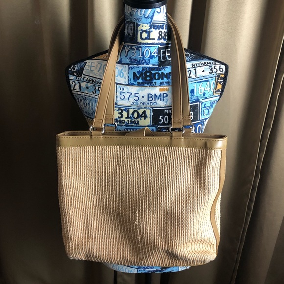 Fossil Woven Fabric Double Strap Shoulder Bag Purse with Plaid Lining - Picture 6 of 16